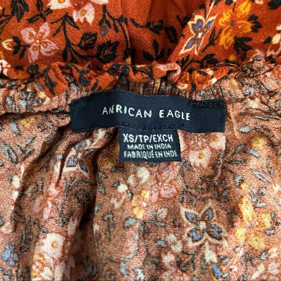 American Eagle Rust Orange Floral Print Boho Ruffle Blouse Size XS - Picture 9 of 12